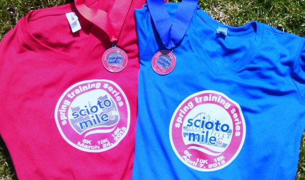 The technical shirts from the two Scioto Miles spring training races.