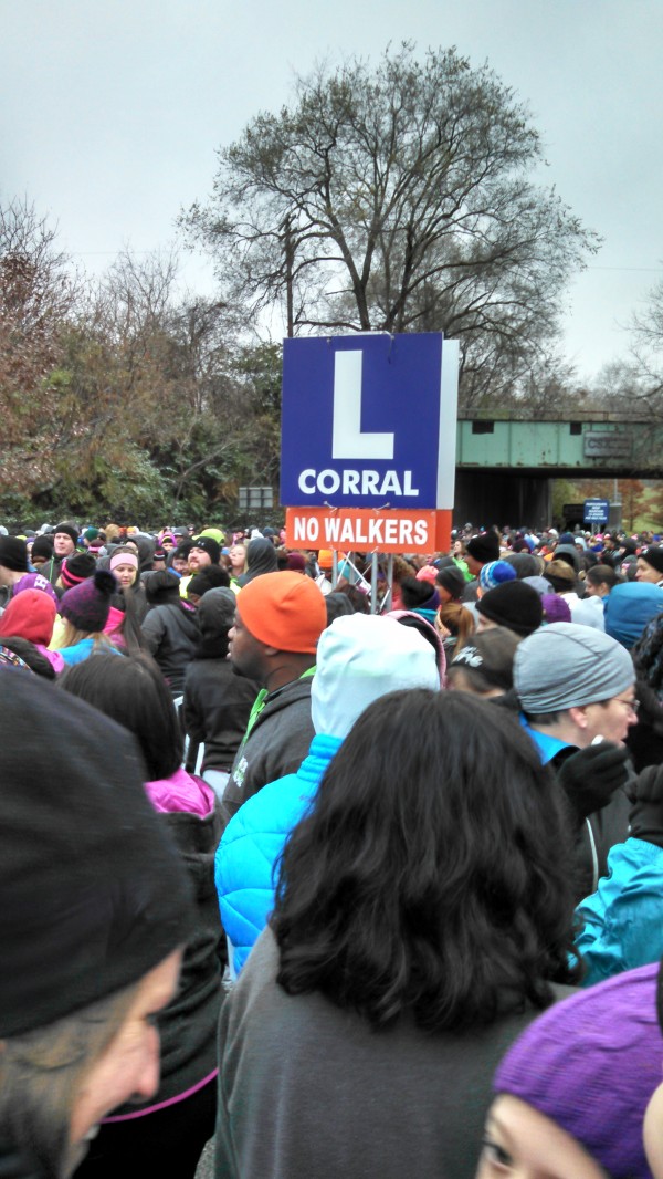 Hot chocolate 15K corral signs for speed walkers and fast walkers.