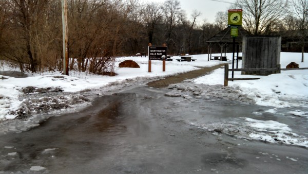 The ice at the entrance to the trail was intimidating and a little scary. Ice makes it difficult to train to speed walk a half marathon, or racewalk.