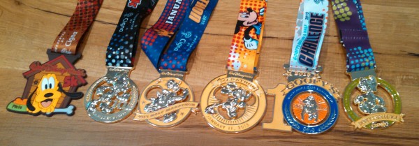 The ultimate bling! From left to right, medals for the 5K, 10K, Half Marathon, Full Marathon, Goofy Challenge and Dopey Challenge.