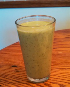 Pineapple, banana and spinach smoothie with chia seeds and Greek yogurt.