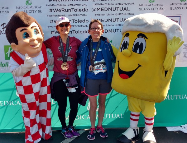 Cindi Leeman after the Glass City Toledo Marathon half also called the Owens Corning Half Marathon. We walked the half marathon. Cindi was the editor of WALK Magazine, the walking magazine.