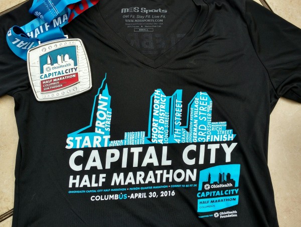 The Capital City Half Marathon shirt and medal. I race walked the half marathon.
