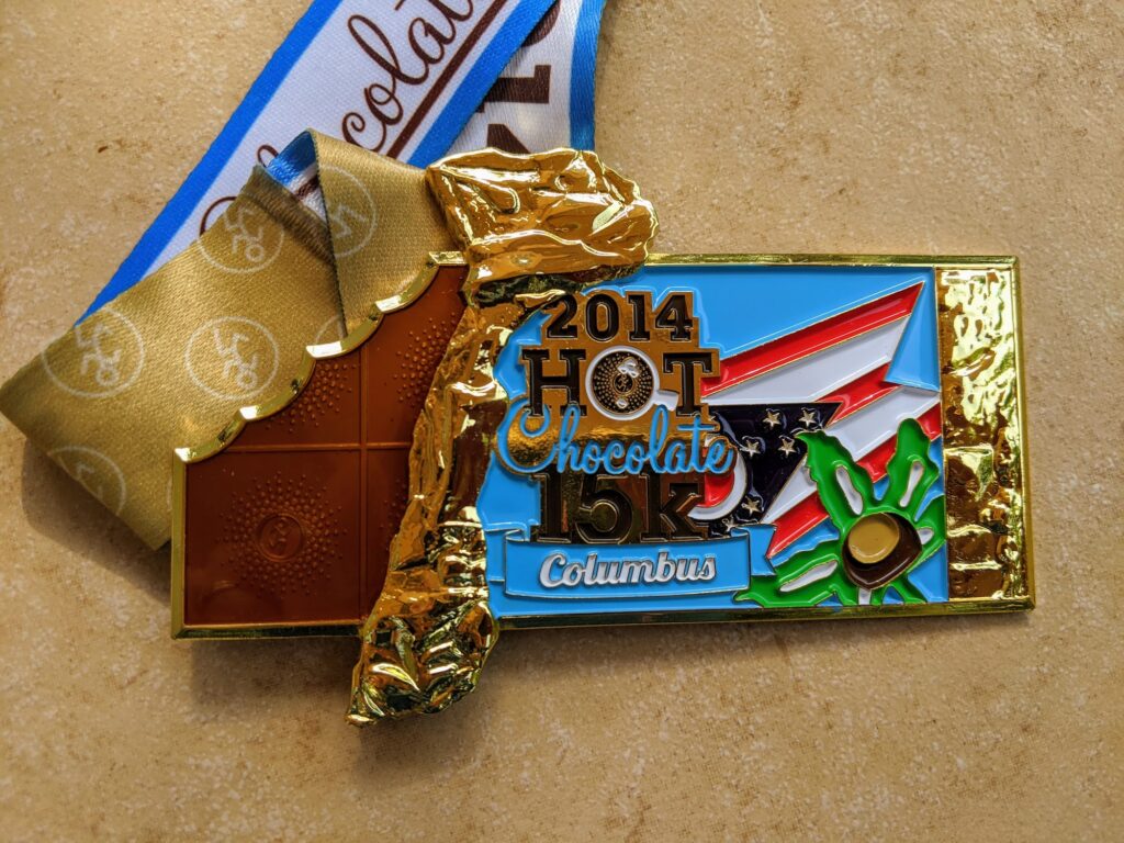 The Hot Chocolate 15K medal from racewalking speed walking this race.