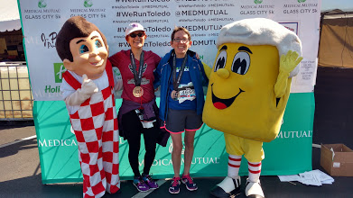 Cindi Leeman after the Glass City Toledo Marathon half also called the Owens Corning Half Marathon. We walked the half marathon. Cindi was the editor of WALK Magazine, the walking magazine.